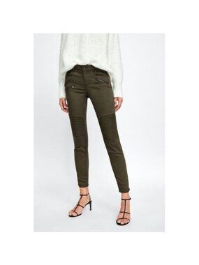 Zara Military Green Topstitching & Zippered  Details Skinny Jeans